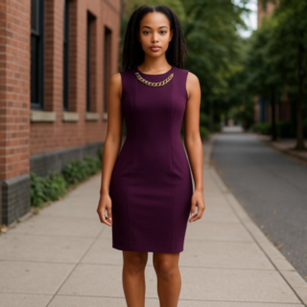 Calvin Klein Sheath Dress Plum Gold Chain Neckline Size 10 | Sleeveless Workwear